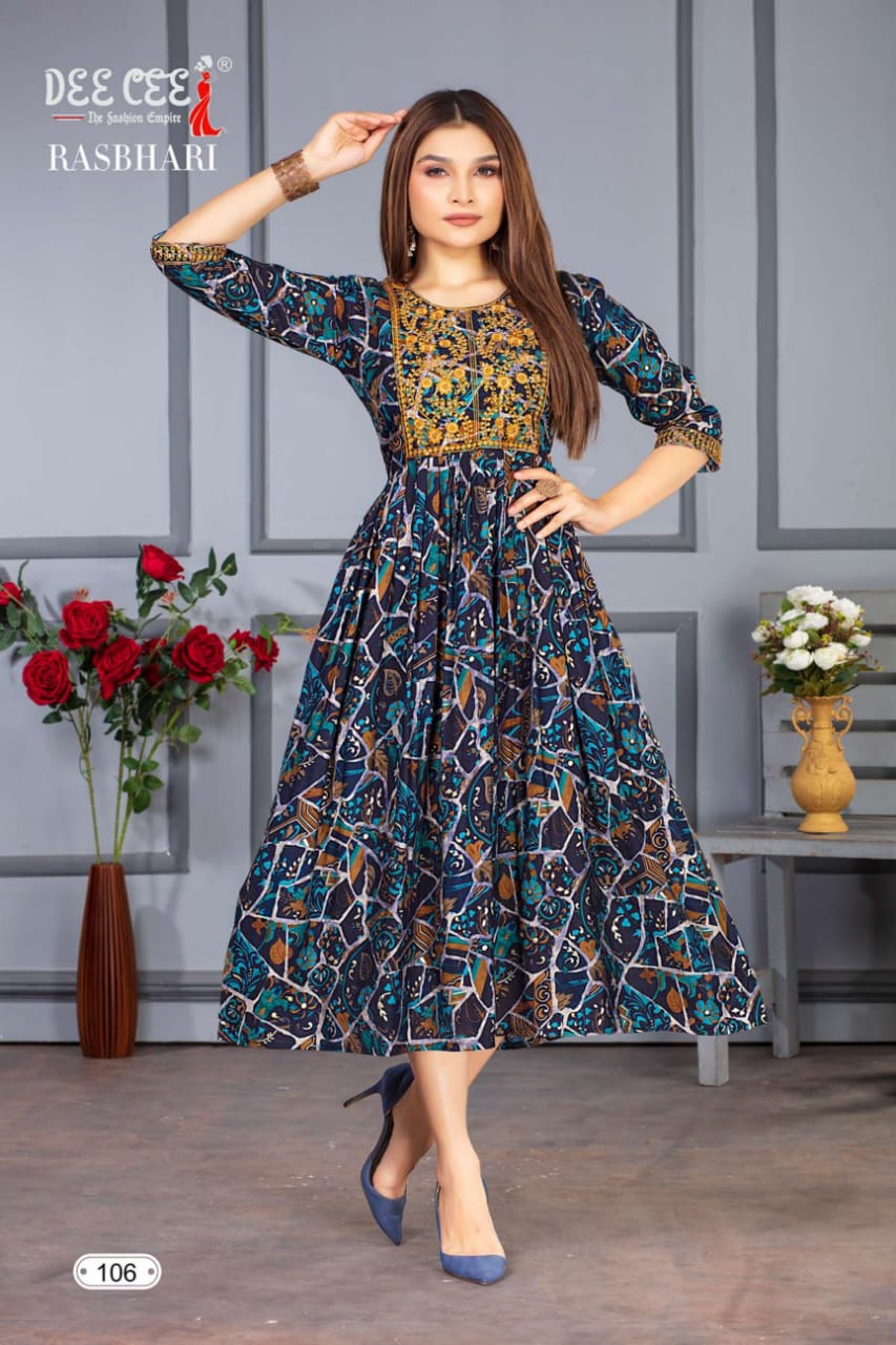 Rasbhar By Dee Cee 101 To 106 Printed Anarkali Kurtis Exporters In India